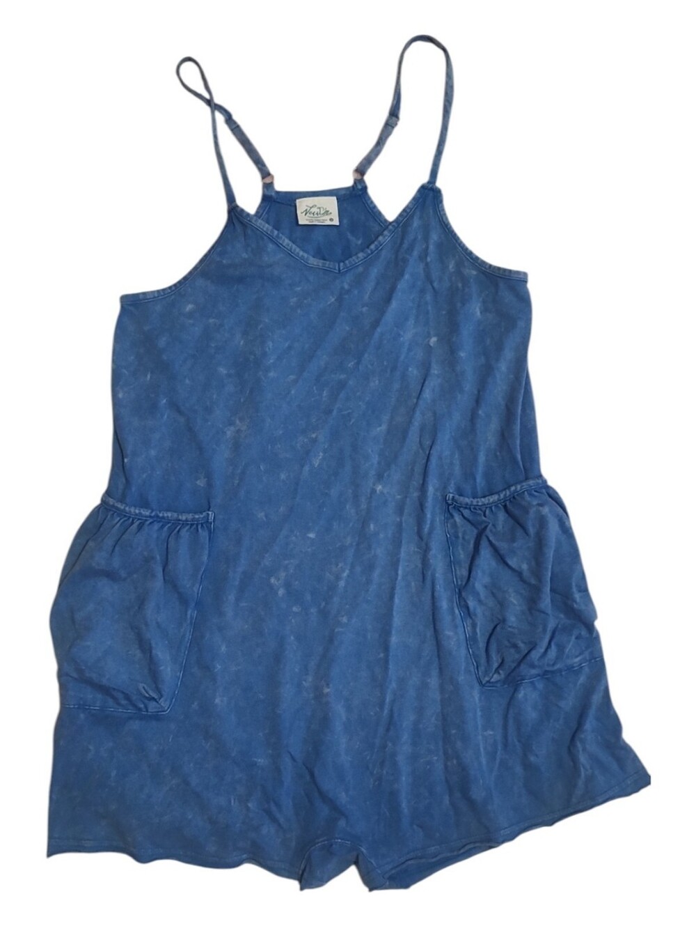 Women's Cute Blue Cotton Washed Romper Front Pockets Adjustable Straps Size Sm